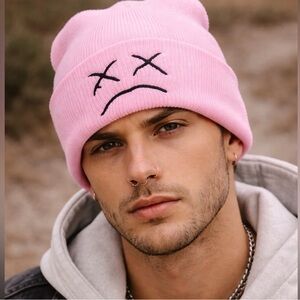 Pink Beanie with Embroidered Face